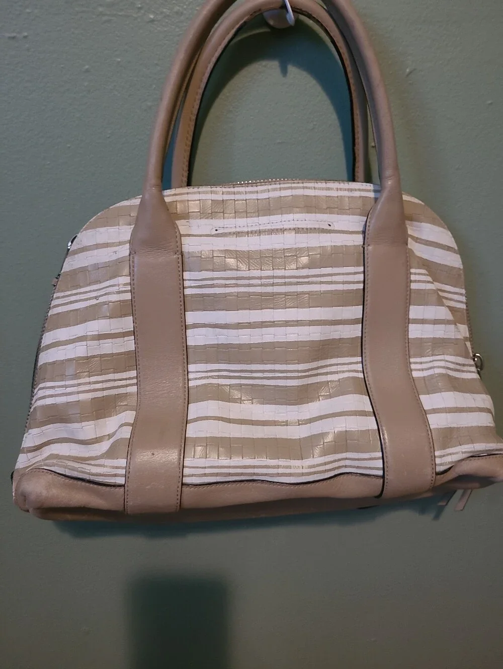 Coach Bleecker Preston Satchel In Embossed Woven Leather 31004 SV/Fawn/White